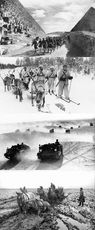 Top to bottom: Cameron Highlanders and Indian troops march past the Great Pyramid (1940); Finnish soldiers on skis with reindeers, near Jäniskoski, Finland (1940); A squadron of Bren gun carriers, manned by the Australian Light Cavalry (1941); German horse-drawn cart stuck in rasputitsa near Kursk, Russia (1942).